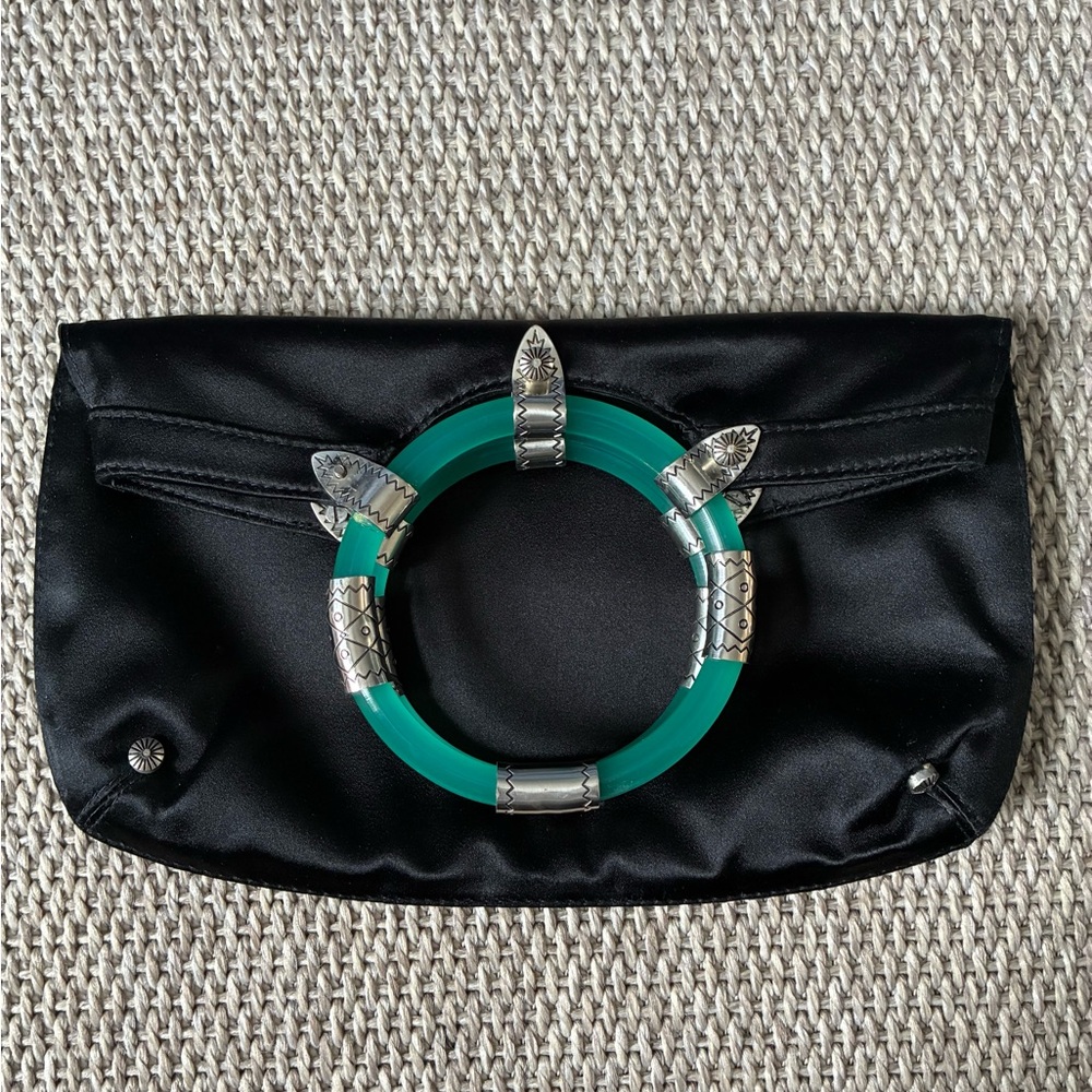 Jimmy Choo Black Satin Clutch with Silver and Green Detail